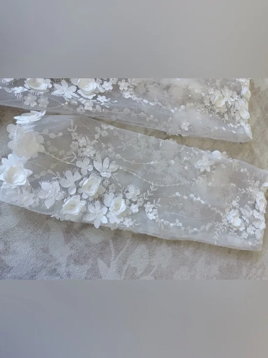 Sheer White Floral Appliqué Lace Sparkle Detachable Bridal Sleeves XL - Picture 3 of 6